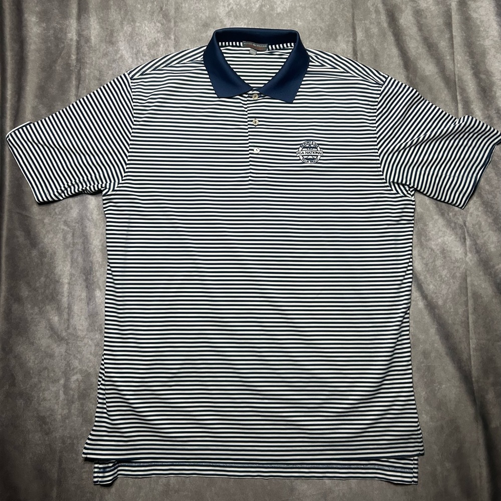 Peter Millar summer comfort  Men's Size Large navy Blue Striped Polo Shirt PGA